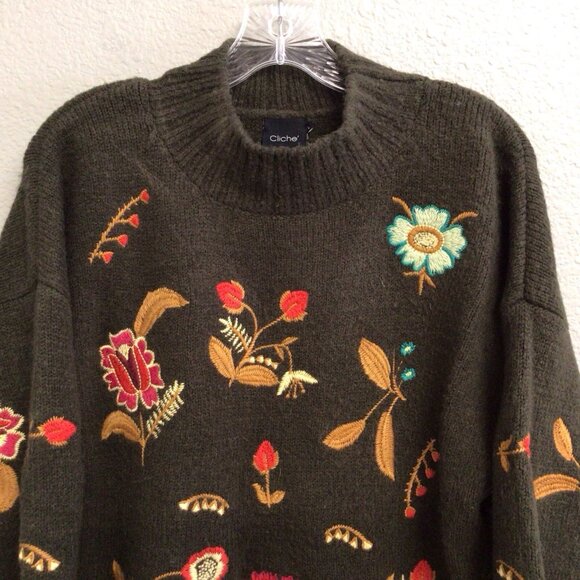 Vintage Cliche Floral Embroidered Mock Neck Pullover Sweater Green Size Large - Picture 3 of 8
